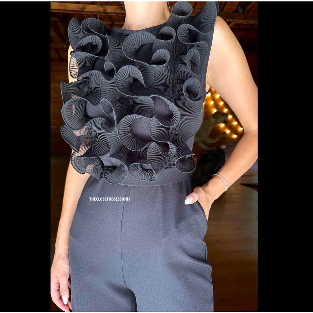 Zara Black Ruffle Wide Leg Jumpsuit Belted Sleeveless Elegant Evening Size M NWT - Picture 12 of 16